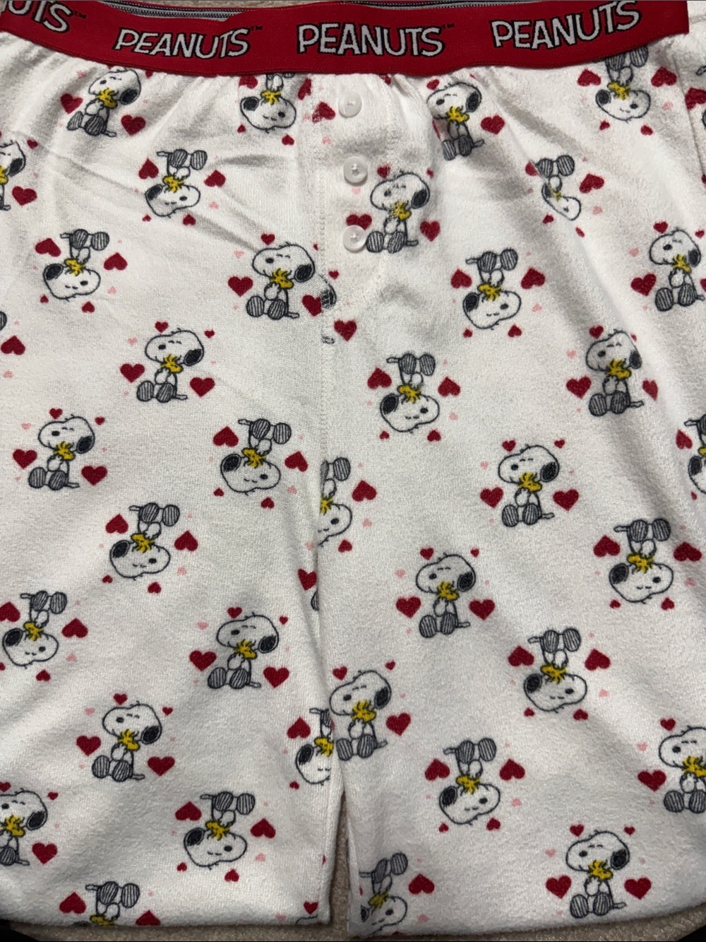 Peanuts Snoopy & Woodstock Lounge Pants in White with Red Accents - L - Like New